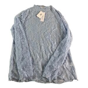 Gilli 2X Light Blue Sheer Lace Mesh Top Floral Stretch Long Sleeve Boho Romantic